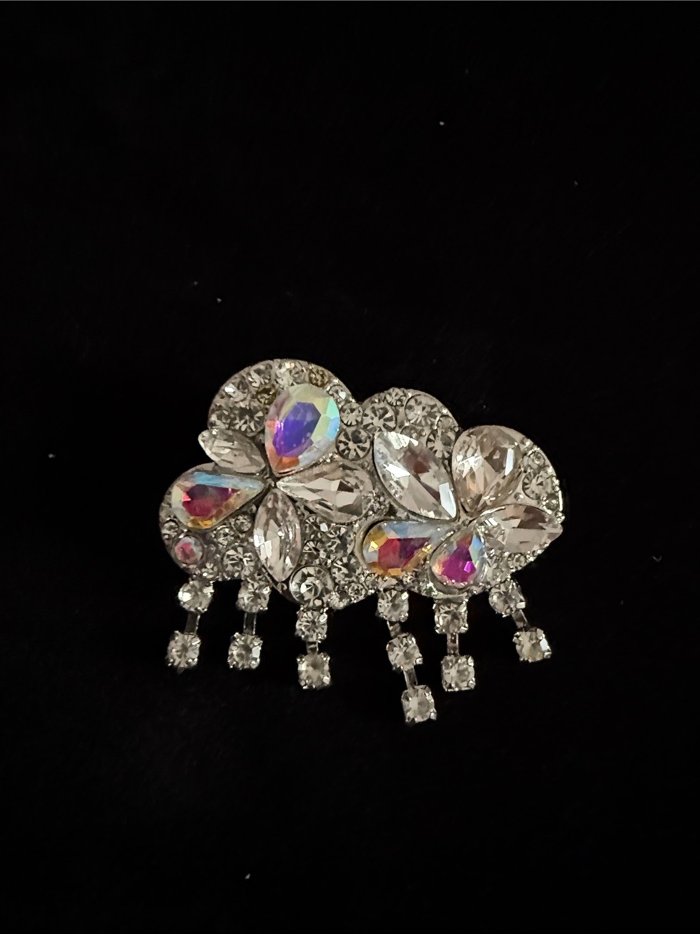 New 1 1/4” wide Crystal Clouds Raining Drop Brooch — Silver Clear and Aurora